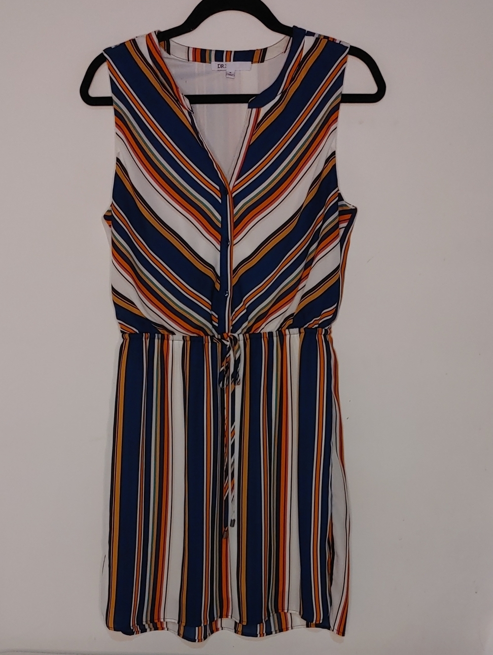 DR2 Striped Sleeveless Drawstring Mini Dress - Navy, White & Orange